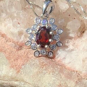 GARNET & CUBIC ZIRCONIA 925 STERLING SILVER NECKLACE, 18 INCHES